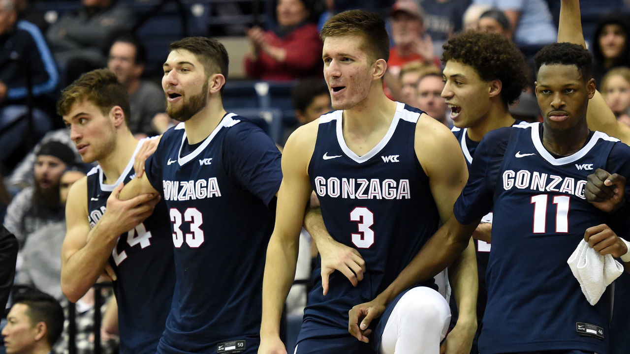 SAN DIEGO, CA - JANUARY 09: The Gonzaga bench celebrates after a dunk by team mate Gonzaga (5) Martynas Arlauskas (G) during a college basketball game between the Gonzaga Bulldogs and the San Diego Toreros on January 09, 2020, at the Jenny Craig Pavilion in San Diego, CA.