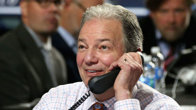 CHICAGO, IL - JUNE 24: General manager Ray Shero of the New Jersey Devils speaks on the phone during the 2017 NHL Draft at United Center on June 24, 2017 in Chicago, Illinois.