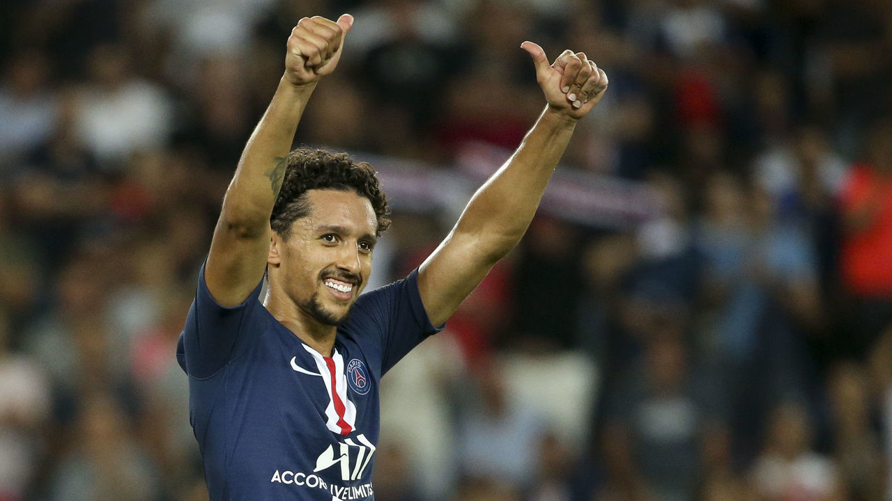 PARIS, FRANCE - AUGUST 25: Marquinhos of PSG celebrates his goal during the French Ligue 1 match between Paris Saint-Germain (PSG) and Toulouse FC (TFC) at Parc des Princes stadium on August 25, 2019 in Paris, France.