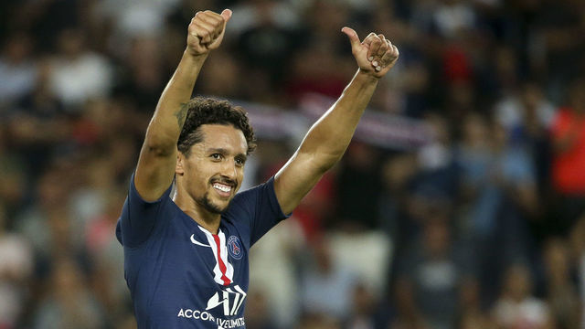 PARIS, FRANCE - AUGUST 25: Marquinhos of PSG celebrates his goal during the French Ligue 1 match between Paris Saint-Germain (PSG) and Toulouse FC (TFC) at Parc des Princes stadium on August 25, 2019 in Paris, France.