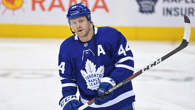 TORONTO, ON - JANUARY 06: Toronto Maple Leafs Defenceman Morgan Rielly (44) in warmups prior to the regular season NHL game between the Edmonton Oilers and Toronto Maple Leafs on January 6, 2020 at Scotiabank Arena in Toronto, ON.