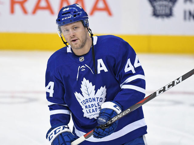 TORONTO, ON - JANUARY 06: Toronto Maple Leafs Defenceman Morgan Rielly (44) in warmups prior to the regular season NHL game between the Edmonton Oilers and Toronto Maple Leafs on January 6, 2020 at Scotiabank Arena in Toronto, ON.