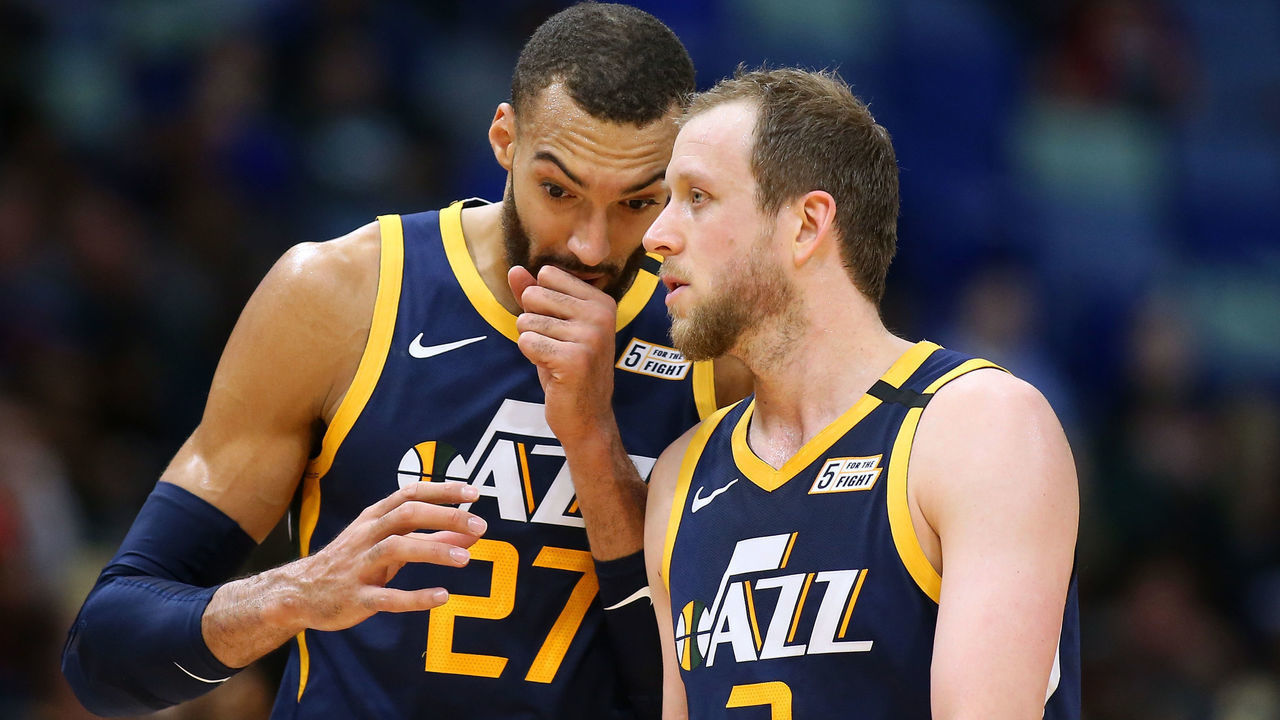 NEW ORLEANS, LOUISIANA - JANUARY 06: Rudy Gobert #27 of the Utah Jazz and Joe Ingles #2 talk against the New Orleans Pelicans during a game at the Smoothie King Center on January 06, 2020 in New Orleans, Louisiana.