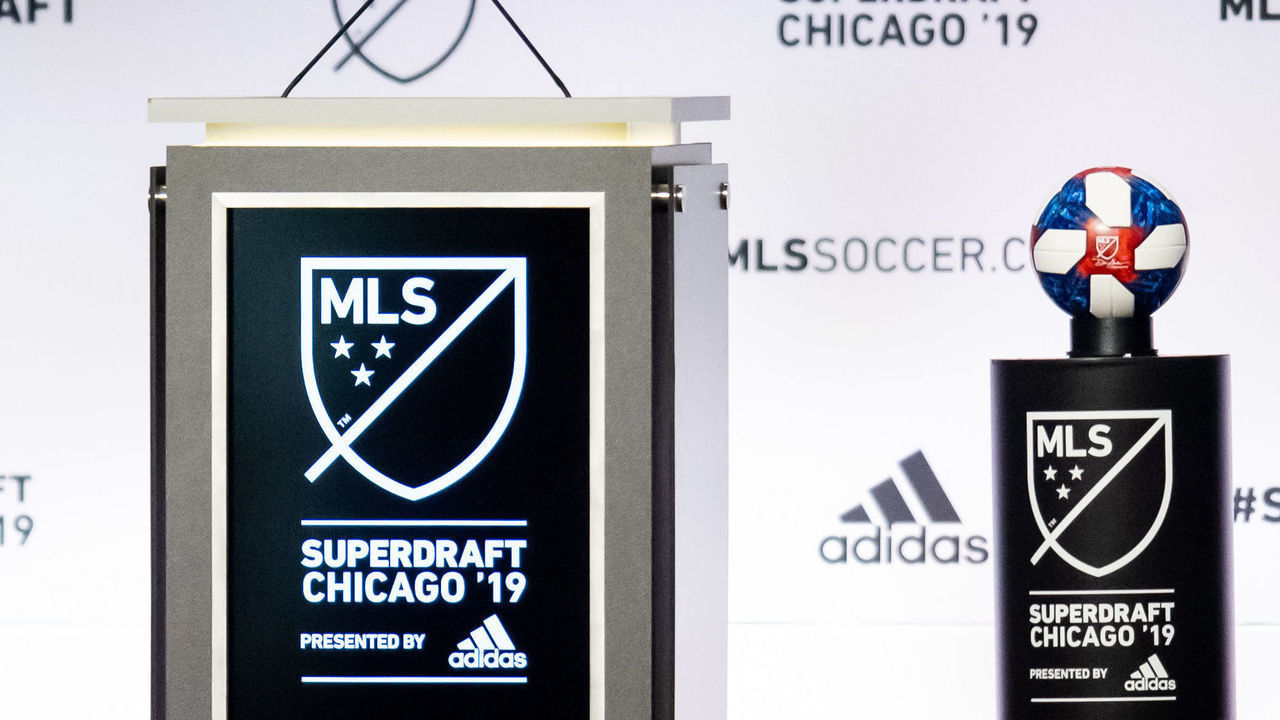CHICAGO, IL - JANUARY 11: A general view of the podium and a soccer ball in the first round of the MLS SuperDraft on January 11, 2019, at McCormick Place in Chicago, IL.