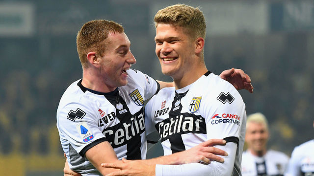 PARMA, ITALY - JANUARY 13: Andreas Cornelius of Parma Calcio celebrates after scoring his team second goal during the Serie A match between Parma Calcio and US Lecce at Stadio Ennio Tardini on January 13, 2020 in Parma, Italy.