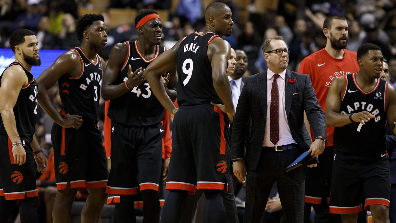 TORONTO, ON - NOVEMBER 06: Toronto Raptors Head Coach Nick Nurse stands amongst his team, (L-R) Fred VanVleet #23, OG Anunoby #3, Pascal Siakam #43, Serge Ibaka #9 and Kyle Lowry #7 as a call is disputed during second half of their NBA game against the Sacramento Kings at Scotiabank Arena on November 6, 2019 in Toronto, Canada.