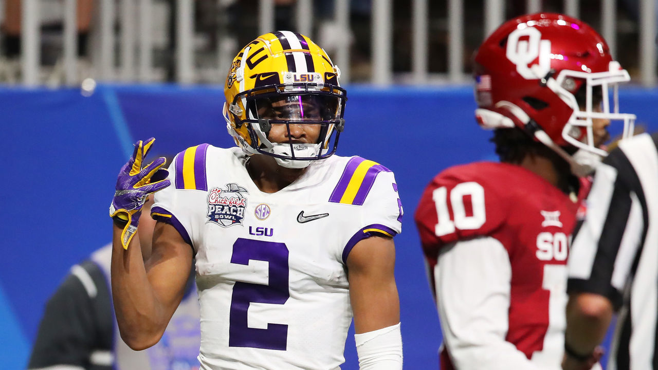 ATLANTA, GEORGIA - DECEMBER 28: Wide receiver Justin Jefferson #2 of the LSU Tigers celebrates his fourth touchdown in the second quarter against the Oklahoma Sooners during the Chick-fil-A Peach Bowl at Mercedes-Benz Stadium on December 28, 2019 in Atlanta, Georgia.