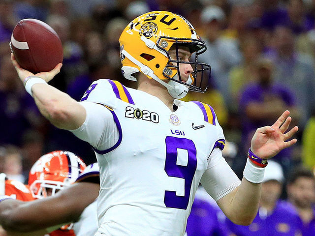 NEW ORLEANS, LOUISIANA - JANUARY 13: Joe Burrow #9 of the LSU Tigers throws the ball under pressure during the second quarter against the Clemson Tigers in the College Football Playoff National Championship game at Mercedes Benz Superdome on January 13, 2020 in New Orleans, Louisiana.