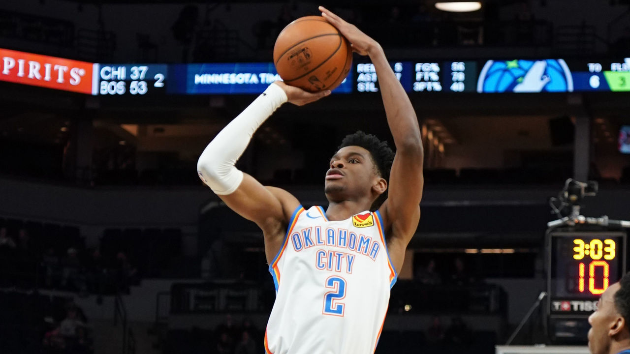 MINNEAPOLIS, MN - JANUARY 13: Shai Gilgeous-Alexander #2 of the Oklahoma City Thunder shoots the ball against the Minnesota Timberwolves on January 13, 2020 at Target Center in Minneapolis, Minnesota. Mandatory Copyright Notice: Copyright 2020 NBAE