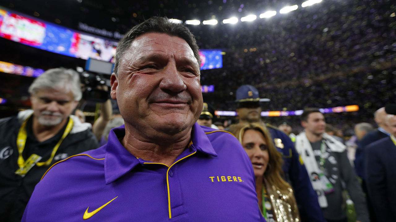 NEW ORLEANS, LOUISIANA - JANUARY 13: Head coach Ed Orgeron of the LSU Tigers celebrates after defeating the Clemson Tigers 42-25 in the College Football Playoff National Championship game at Mercedes Benz Superdome on January 13, 2020 in New Orleans, Louisiana.