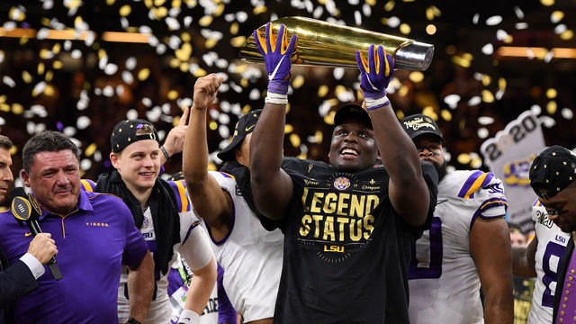 NEW ORLEANS, LA - JANUARY 13: Lloyd Cushenberry III #79 of the LSU Tigers celebrates after defeating the Clemson Tigers during the College Football Playoff National Championship held at the Mercedes-Benz Superdome on January 13, 2020 in New Orleans, Louisiana. LSU defeated Clemson 42-25 for the national title.