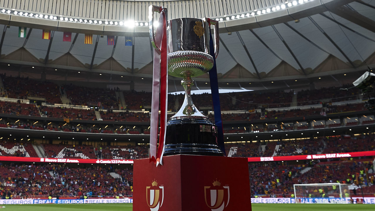 MADRID, SPAIN - APRIL 21: King Cup trophy displayed prior the Spanish Copa del Rey Final match between Barcelona and Sevilla at Wanda Metropolitano on April 21, 2018 in Madrid, Spain.