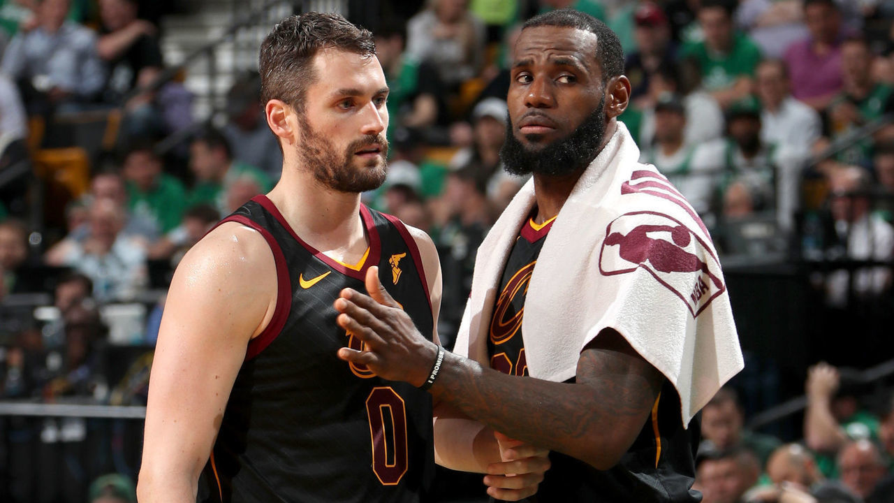 BOSTON, MA - MAY 23: Kevin Love #0 and LeBron James #23 of the Cleveland Cavaliers in Game Five of the Eastern Conference Finals against the Boston Celtics during the 2018 NBA Playoffs on May 23, 2018 at the TD Garden in Boston, Massachusetts. NOTE TO USER: User expressly acknowledges and agrees that, by downloading and/or using this photograph, user is consenting to the terms and conditions of the Getty Images License Agreement. Mandatory Copyright Notice: Copyright 2018 NBAE