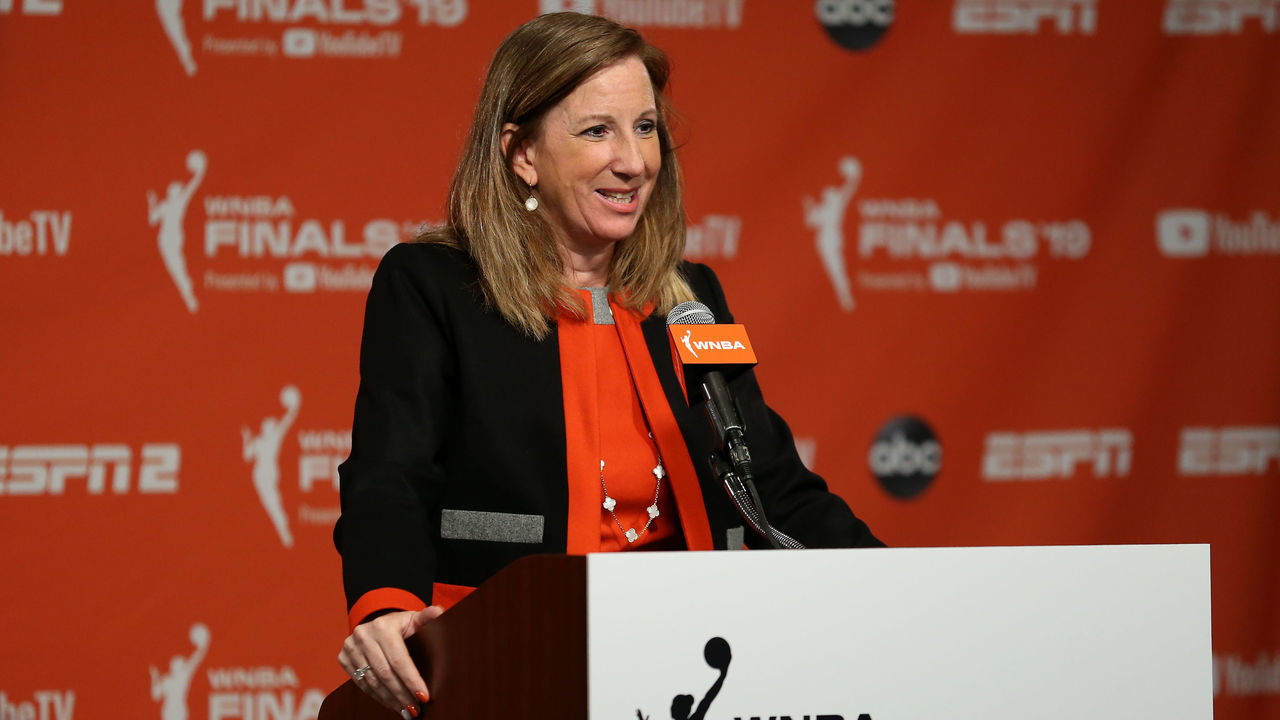 WASHINGTON, DC - SEPTEMBER 29: WNBA Commissioner Cathy Engelbert addresses the media prior to Game One of the 2019 WNBA Finals between the Washington Mystics and the Connecticut Sun on September 29, 2019 at the St. Elizabeths East Entertainment and Sports Arena in Washington, DC. Mandatory Copyright Notice: Copyright 2019 NBAE