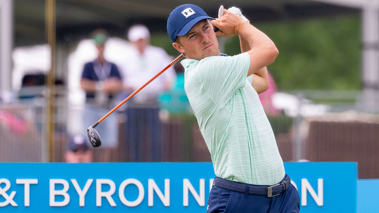 DALLAS, TX - MAY 09: Jordan Spieth hits his tee shot on the tenth hole during the first round of the AT&T Byron Nelson on May 9, 2019 at Trinity Forest Golf Club in Dallas, TX.