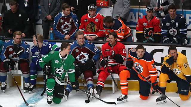 SAN JOSE, CA - JANUARY 25: (L-R) Gabriel Landeskog #92 of the Colorado Avalanche, Elias Pettersson #40 of the Vancouver Canucks, Miro Heiskanen #4 of the Dallas Stars, Mikko Rantanen #96 of the Colorado Avalanche, Patrick Kane #88 of the Chicago Blackhawks, Connor McDavid #97 of the Edmonton Oilers, Sebastian Aho #20 of the Carolina Hurricanes, Johnny Gaudreau #13 of the Calgary Flames, Leon Draisaitl #29 of the Edmonton Oilers, Mark Scheifele #55 of the Winnipeg Jets and Roman Josi #59 of the Nashville Predators watch the Enterprise NHL Premier Passer competition during the 2019 SAP NHL All-Star Skills at SAP Center on January 25, 2019 in San Jose, California.
