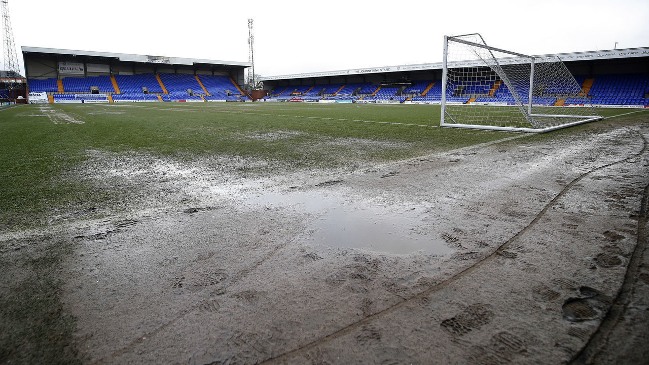 The Prenton Park pitch after Liverpool's game against Manchester United was called off due to a water logged pitch. Tranmere Rovers are due too play Watford in the FA Cup at this ground on Tuesday. Liverpool v Manchester United - FA Women's Super League - Prenton Park 12-01-2020 .