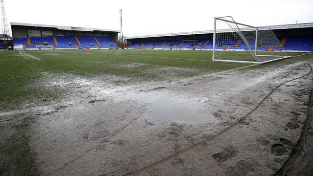 The Prenton Park pitch after Liverpool's game against Manchester United was called off due to a water logged pitch. Tranmere Rovers are due too play Watford in the FA Cup at this ground on Tuesday. Liverpool v Manchester United - FA Women's Super League - Prenton Park 12-01-2020 .
