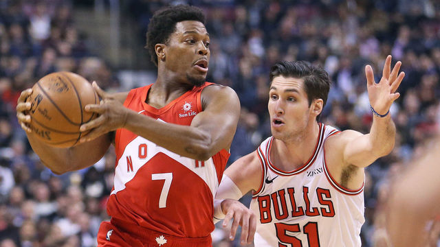 TORONTO, ON - MARCH 26: Ryan Arcidiacono #51 of the Chicago Bulls defends against Kyle Lowry #7 of the Toronto Raptors during an NBA game at Scotiabank Arena on March 26, 2019 in Toronto, Ontario, Canada. The Raptors defeated the Bulls 112-103. NOTE TO USER: user expressly acknowledges and agrees by downloading and/or using this photograph, user is consenting to the terms and conditions of the Getty Images Licence Agreement.