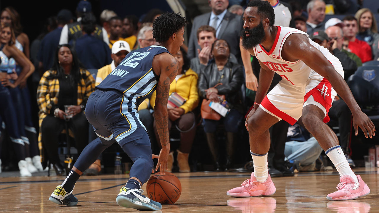 MEMPHIS, TN - NOVEMBER 4: James Harden #13 of the Houston Rockets plays defense against Ja Morant #12 of the Memphis Grizzlies on November 4, 2019 at FedExForum in Memphis, Tennessee. Mandatory Copyright Notice: Copyright 2019 NBAE