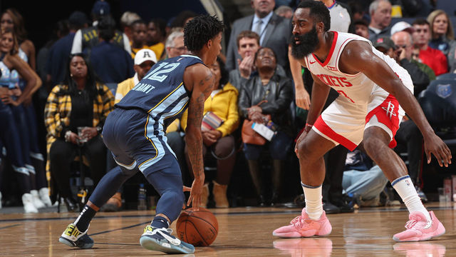 MEMPHIS, TN - NOVEMBER 4: James Harden #13 of the Houston Rockets plays defense against Ja Morant #12 of the Memphis Grizzlies on November 4, 2019 at FedExForum in Memphis, Tennessee. Mandatory Copyright Notice: Copyright 2019 NBAE