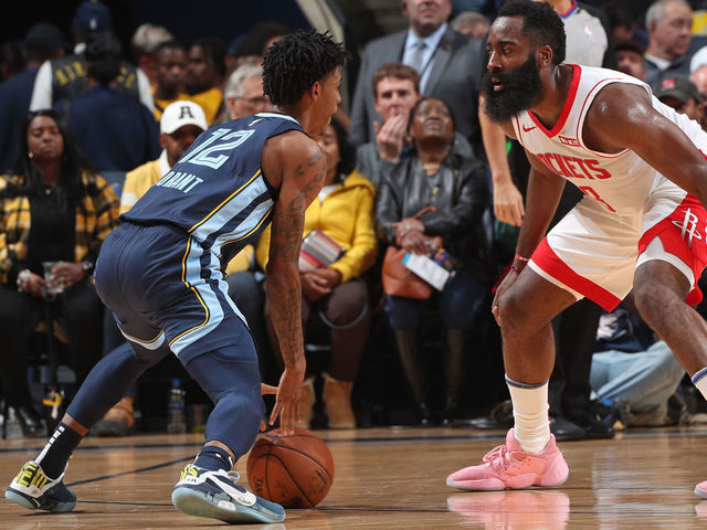 MEMPHIS, TN - NOVEMBER 4: James Harden #13 of the Houston Rockets plays defense against Ja Morant #12 of the Memphis Grizzlies on November 4, 2019 at FedExForum in Memphis, Tennessee. Mandatory Copyright Notice: Copyright 2019 NBAE