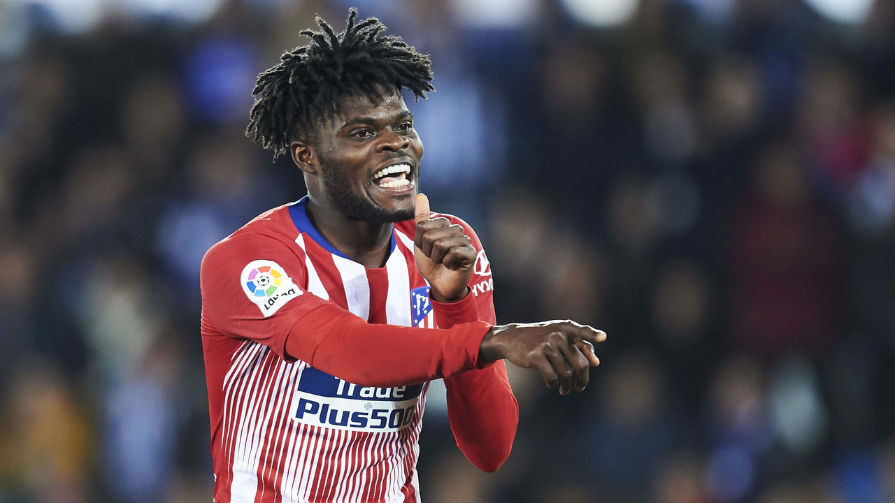 VITORIA-GASTEIZ, SPAIN - MARCH 30: Thomas Teye Partey of Atletico Madrid celebrates after scoring his team's fourth goal during the La Liga match between Deportivo Alaves and Club Atletico de Madrid at Estadio de Mendizorroza on March 30, 2019 in Vitoria-Gasteiz, Spain.