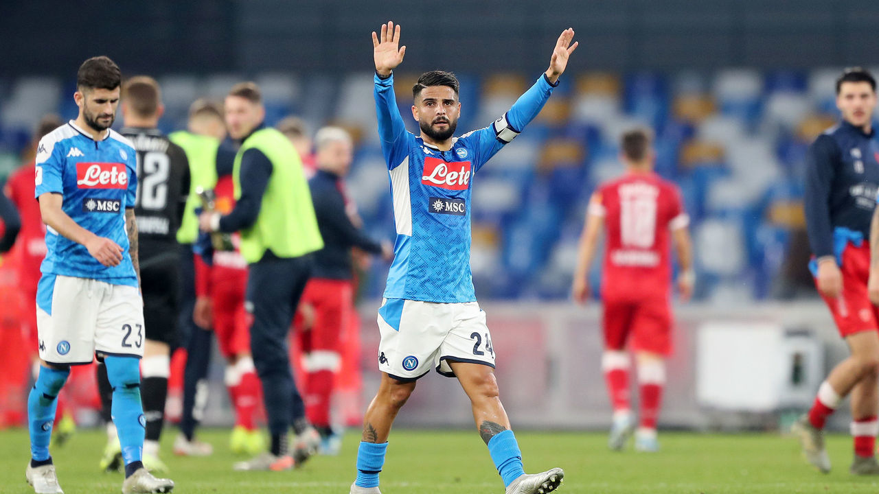 NAPLES, ITALY - JANUARY 14: Lorenzo Insigne of SSC Napoli celebrates the victory after the Coppa Italia match between SSC Napoli and Perugia on January 14, 2020 in Naples, Italy.