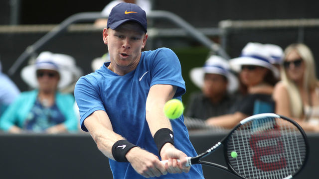 AUCKLAND, NEW ZEALAND - JANUARY 14: Kyle Edmund of Great Britain plays a backhand during his singles game against Alejandro Davidovich Fokina of Spain during day two of the 2020 Men's ASB Classic at ASB Tennis Centre on January 14, 2020 in Auckland, New Zealand.