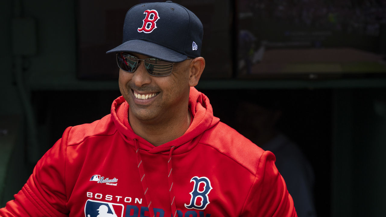 BOSTON, MA - AUGUST 22: Manager Alex Cora of the Boston Red Sox reacts before a game against the Kansas City Royals on August 22, 2019 at Fenway Park in Boston, Massachusetts. The game is the completion of the game that was suspended due to weather on August 7 in the top of the 10th inning with a tied score of 4-4.