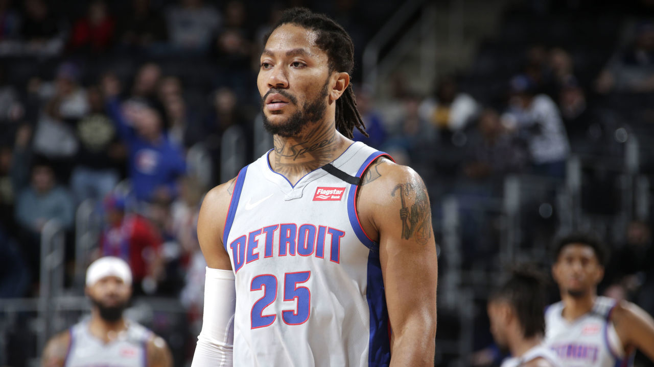 DETROIT, MI - JANUARY 13: Derrick Rose #25 of the Detroit Pistons looks on during a game against the New Orleans Pelicans on January 13, 2020 at Little Caesars Arena in Detroit, Michigan. NOTE TO USER: User expressly acknowledges and agrees that, by downloading and/or using this photograph, User is consenting to the terms and conditions of the Getty Images License Agreement. Mandatory Copyright Notice: Copyright 2020 NBAE