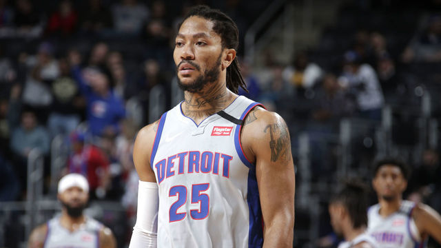 DETROIT, MI - JANUARY 13: Derrick Rose #25 of the Detroit Pistons looks on during a game against the New Orleans Pelicans on January 13, 2020 at Little Caesars Arena in Detroit, Michigan. NOTE TO USER: User expressly acknowledges and agrees that, by downloading and/or using this photograph, User is consenting to the terms and conditions of the Getty Images License Agreement. Mandatory Copyright Notice: Copyright 2020 NBAE