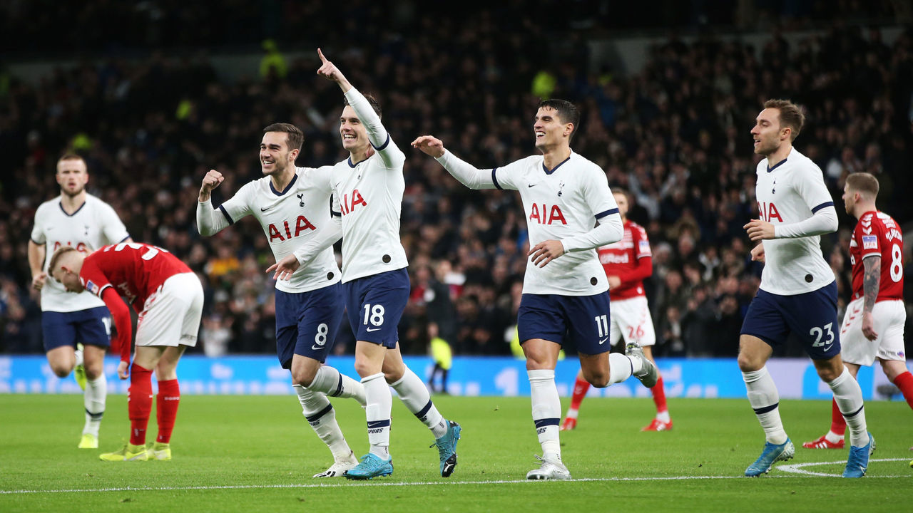 LONDON, ENGLAND - JANUARY 14: Giovani Lo Celso of Tottenham Hotspur celebrates with his teammates after scoring his sides first goal during the FA Cup Third Round Replay match between Tottenham Hotspur and Middlesbrough FC at Tottenham Hotspur Stadium on January 14, 2020 in London, England.