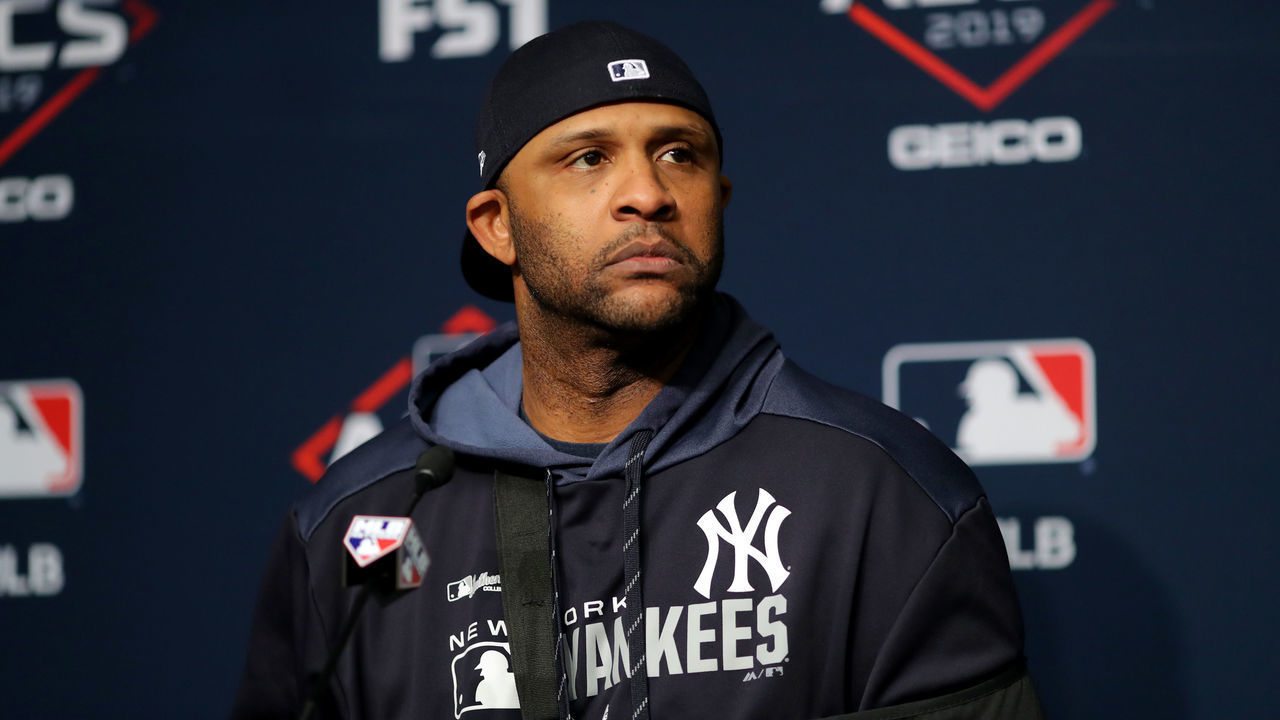 BRONX, NY - OCTOBER 18: CC Sabathia #52 of the New York Yankees talks to the media prior to Game 5 of the ALCS between the Houston Astros and the New York Yankees at Yankee Stadium on Friday, October 18, 2019 in the Bronx borough of New York City.
