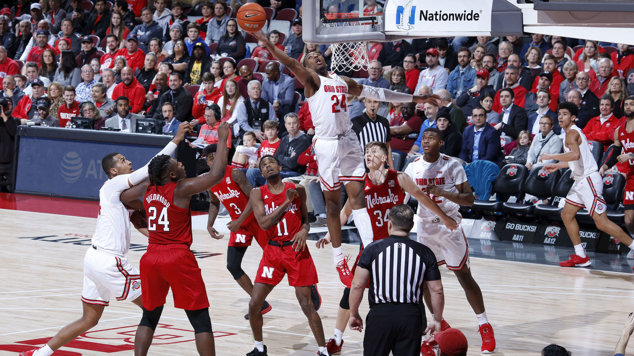 COLUMBUS, OH - JANUARY 14: Andre Wesson #24 of the Ohio State Buckeyes goes to the basket against the Nebraska Cornhuskers in the second half of the game at Value City Arena on January 14, 2020 in Columbus, Ohio. Ohio State defeated Nebraska 80-68.