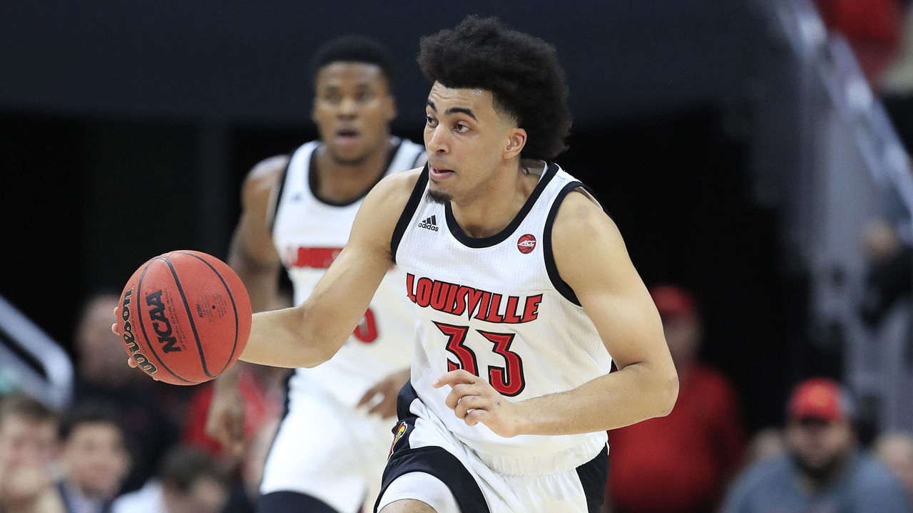 LOUISVILLE, KENTUCKY - JANUARY 07: Jordan Nwora #33 of the Louisville Cardinals during the game against the Miami Hurricanes at KFC YUM! Center on January 07, 2020 in Louisville, Kentucky.