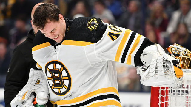 COLUMBUS, OH - JANUARY 14: Goaltender Tuukka Rask #40 of the Boston Bruins winces after suffering an apparent injury early in the first period against the Columbus Blue Jackets on January 14, 2020 at Nationwide Arena in Columbus, Ohio.