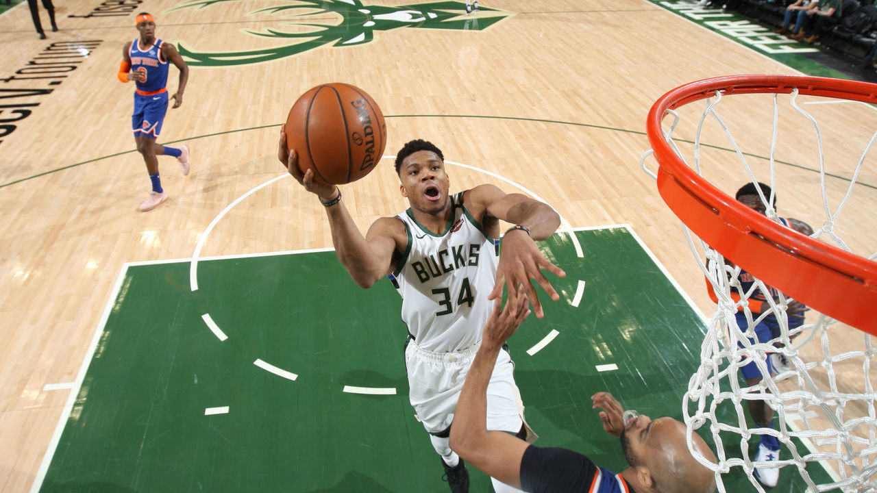 MILWAUKEE, WI - JANUARY 14: Giannis Antetokounmpo #34 of the Milwaukee Bucks shoots the ball against the New York Knicks on January 14, 2020 at the Fiserv Forum Center in Milwaukee, Wisconsin. Mandatory Copyright Notice: Copyright 2020 NBAE .