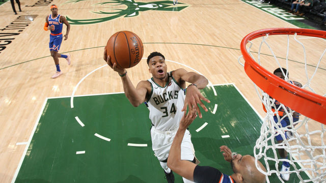 MILWAUKEE, WI - JANUARY 14: Giannis Antetokounmpo #34 of the Milwaukee Bucks shoots the ball against the New York Knicks on January 14, 2020 at the Fiserv Forum Center in Milwaukee, Wisconsin. Mandatory Copyright Notice: Copyright 2020 NBAE .