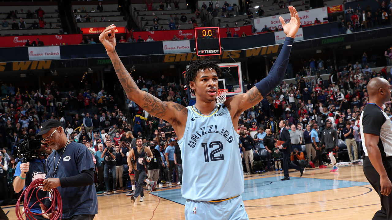 MEMPHIS, TN - JANUARY 14: Ja Morant #12 of the Memphis Grizzlies celebrates after the game against the Houston Rockets on January 14, 2020 at FedExForum in Memphis, Tennessee. Mandatory Copyright Notice: Copyright 2020 NBAE