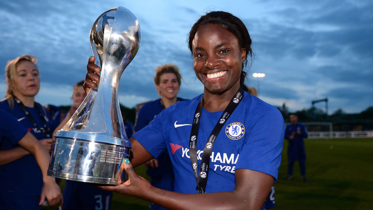 BRISTOL, ENGLAND - MAY 15: Eniola Aluko with the WSL Trophy after a WSL match between Bristol City Women and Chelsea Ladies at the Stoke Gifford Stadium on May 15, 2018 in Bristol, England.