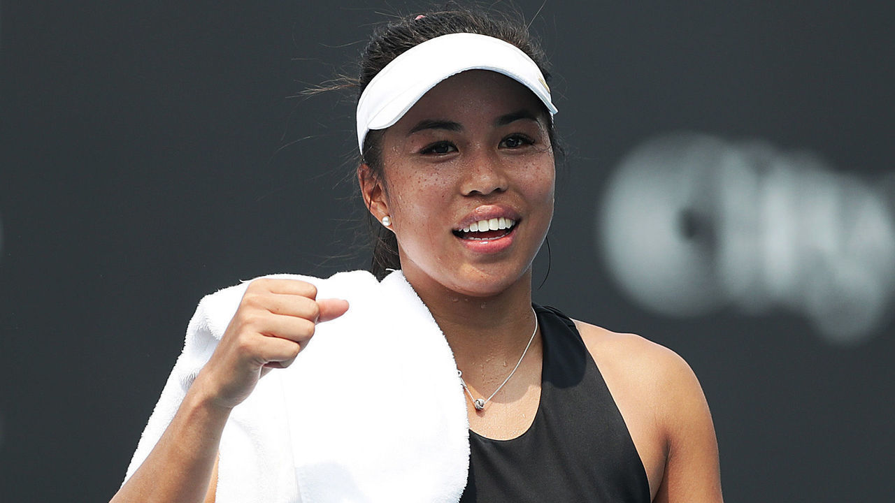 HOBART, AUSTRALIA - JANUARY 15: Lizette Cabrera of Australia celebrates after winning her second round singles match against Karolina Pliskova of the Czech Republic during day five of the 2020 Hobart International at the Domain Tennis Centre on January 15, 2020 in Hobart, Australia.