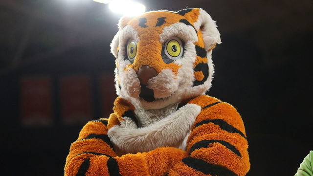 CLEMSON, SC - NOVEMBER 21: The Clemson mascot "The Tiger" during a college basketball game between Alabama A&M Bulldogs and the Clemson Tigers on November 21, 2019 at Littlejohn Coliseum in Clemson, SC.