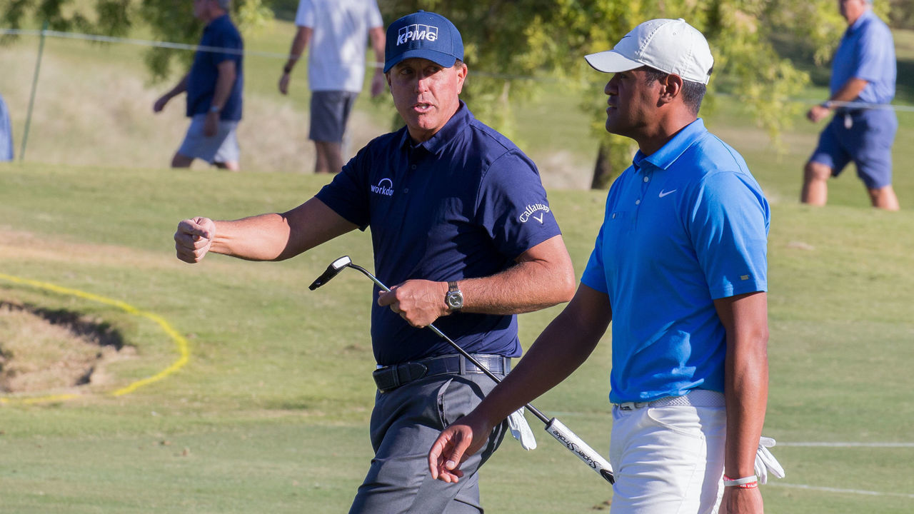 LAS VEGAS, NV - OCTOBER 03: Phil Mickelson (left) and Tony Finau (right) take to the course for the first round of the Shriners Hospitals for Children Open on October 3, 2019 at TPC Summerlin in Las Vegas, NV.