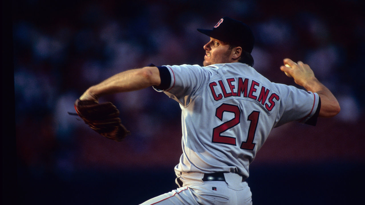 April 11, 1993; Boston Red Sox pitcher Roger Clemens during a game against the California Angels at Anaheim Stadium.