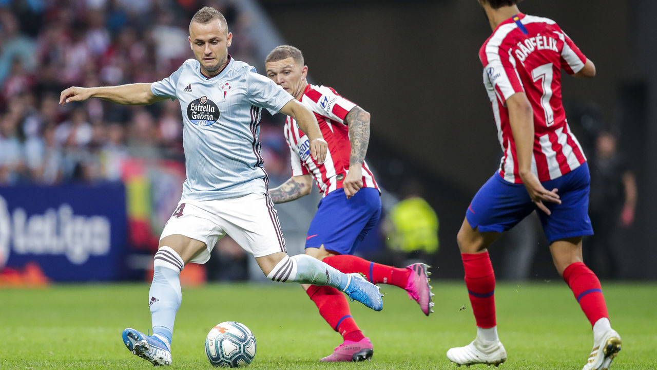 MADRID, SPAIN - SEPTEMBER 21: (L-R) Stanislav Lobotka of Celta de Vigo, Joao Felix of Atletico Madrid during the La Liga Santander match between Atletico Madrid v Celta de Vigo at the Estadio Wanda Metropolitano on September 21, 2019 in Madrid Spain
