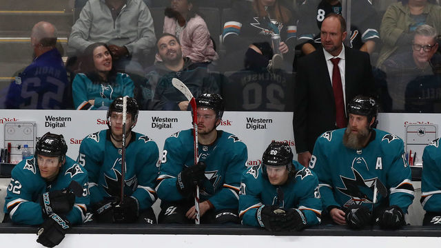 SAN JOSE, CALIFORNIA - OCTOBER 04: Head coach Peter DeBoer of the San Jose Sharks watches his team play the Vegas Golden Knights at SAP Center on October 04, 2019 in San Jose, California.