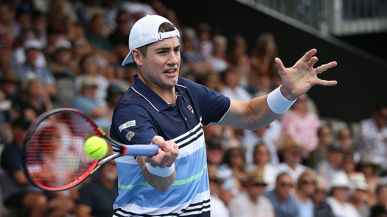 AUCKLAND, NEW ZEALAND - JANUARY 15: John Isner of USA plays a forehand against Tennys Sandgren during day three of the 2020 Men's ASB Classic at ASB Tennis Centre on January 15, 2020 in Auckland, New Zealand.