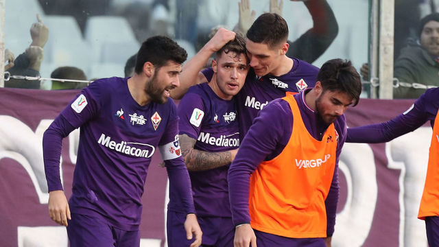 FLORENCE, ITALY - JANUARY 15: Pol Lirola of ACF Fiorentina celebrates after scoring during the match between ACF Fiorentina and Atalantan BC Tim Cup at Stadio Artemio Franchi on January 15, 2020 in Florence, Italy.