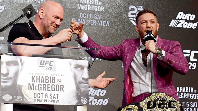 NEW YORK, NY - SEPTEMBER 20: Conor McGregor shares his Irish Whiskey with UFC President Dana White during the UFC 229 Press Conference at Radio City Music Hall on September 20, 2018 in New York City.